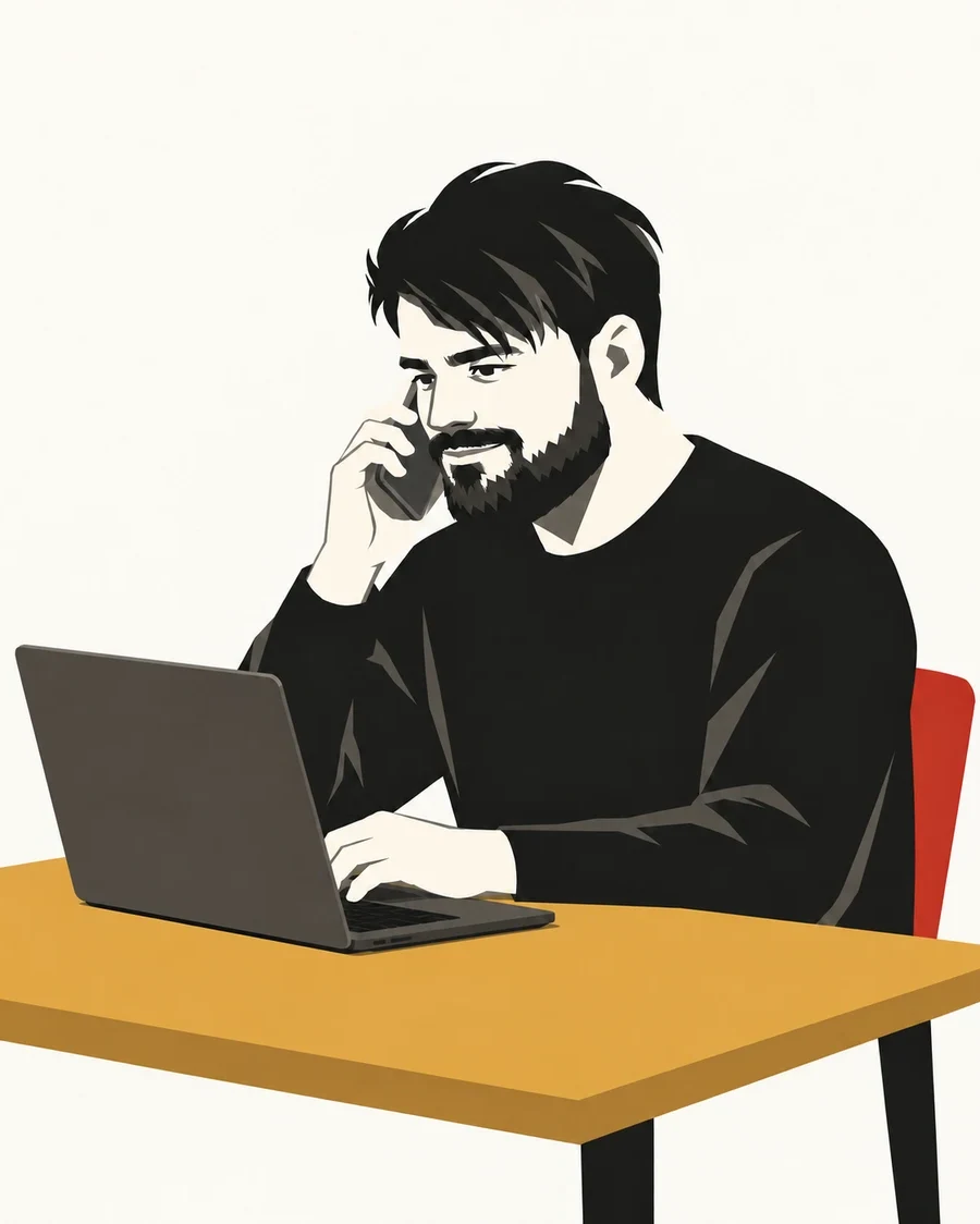 Aivaras kalba telefonu prie stalo, iliustracija